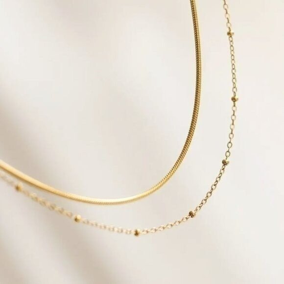 DAINTY DOUBLE layered Necklace Gold Snake chain Gold Beaded Satellite Chain - Picture 8 of 13